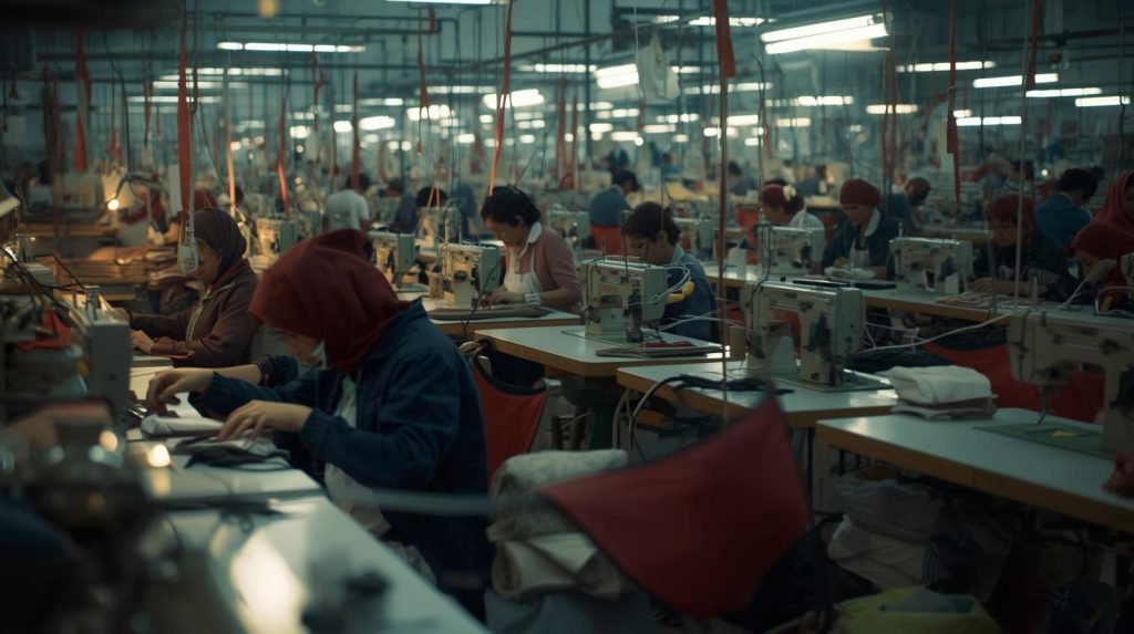 people are working in a sewing factory lines in a quick view